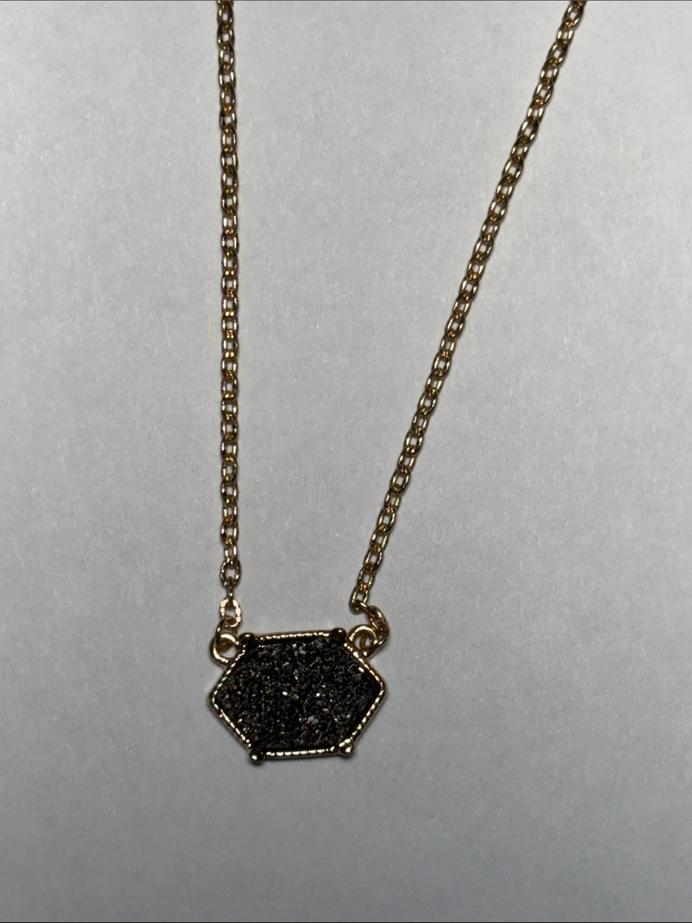 Gold Chain Necklace with Black Druzy Hexagon Pendant